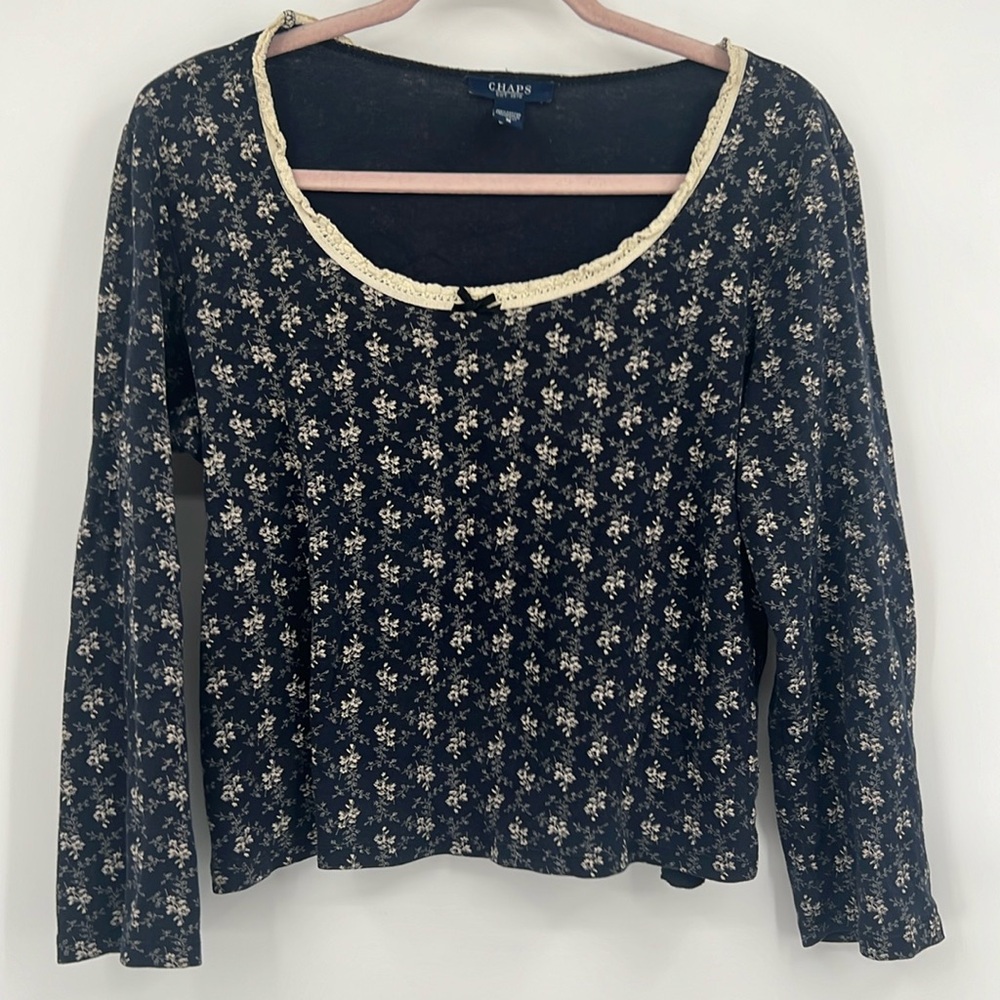Chaps Black Floral Long Sleeve Top